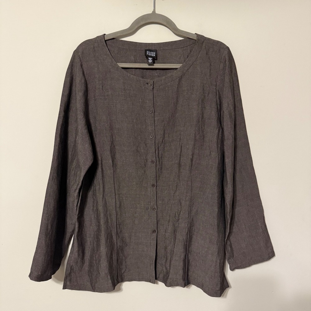 Eileen Fisher Dark Brown Italian Linen Viscose Button Down Top Large